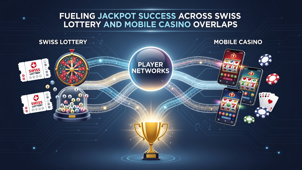 Mobile casino interfaces displaying jackpot counters alongside Swiss lottery syndicate tools in overlapping player networks
